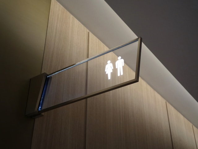 pciture of the front of a public bathroom