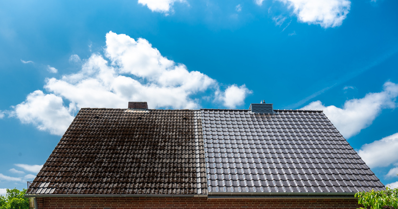 before and after of a clean roof 