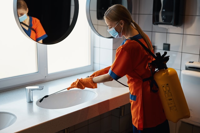 a person spray cleaning a bathroom